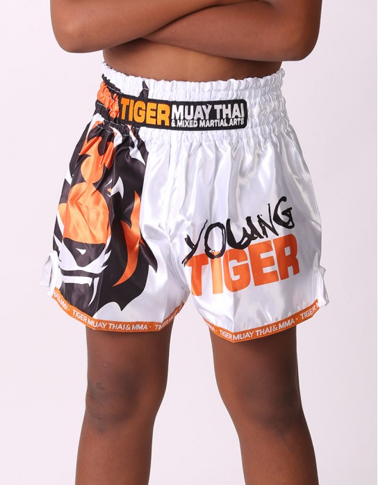 Kids Muay Thai Shorts - "Young Tiger" - White & Orange