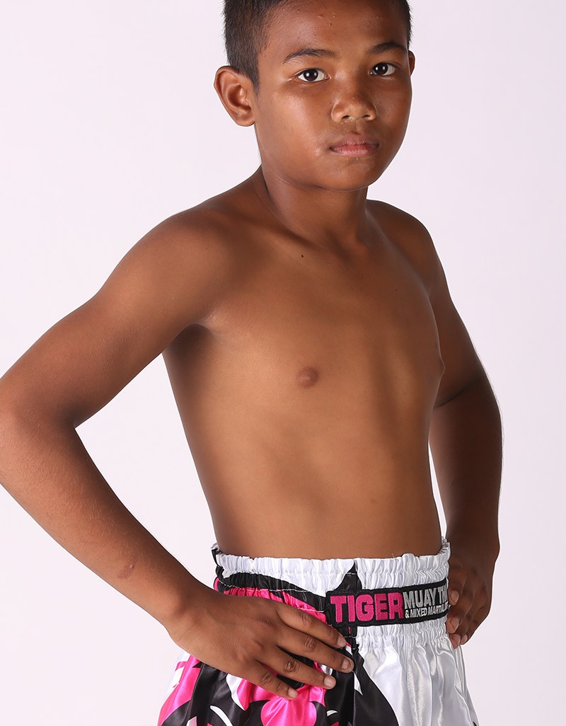 Kids Muay Thai Shorts - "Young Tiger" - White & Pink.